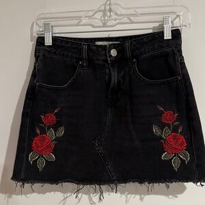 Pacsun Embroidered Black Denim Skirt with Embroidered Red Roses